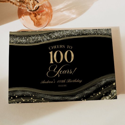 Elegant Black Gold Agate 100th Birthday Party ゲストブック