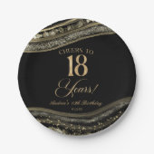 Elegant Black Gold Agate 18th Birthday Party ペーパープレート (正面)