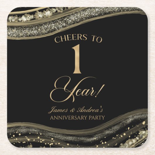 Elegant Black Gold Agate 1st Anniversary Party スクエアペーパーコースター (正面)