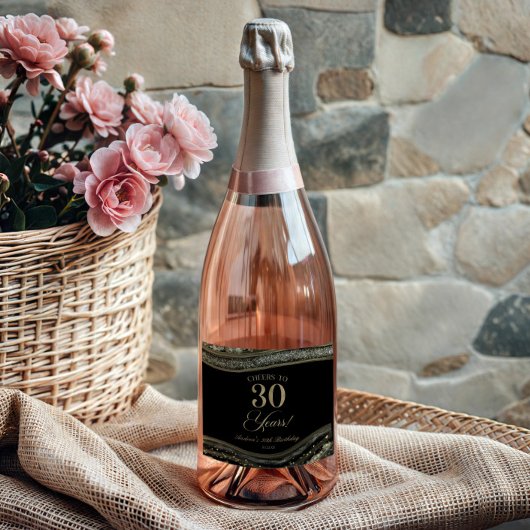Elegant Black Gold Agate 30th Birthday Party スパークリングワインラベル