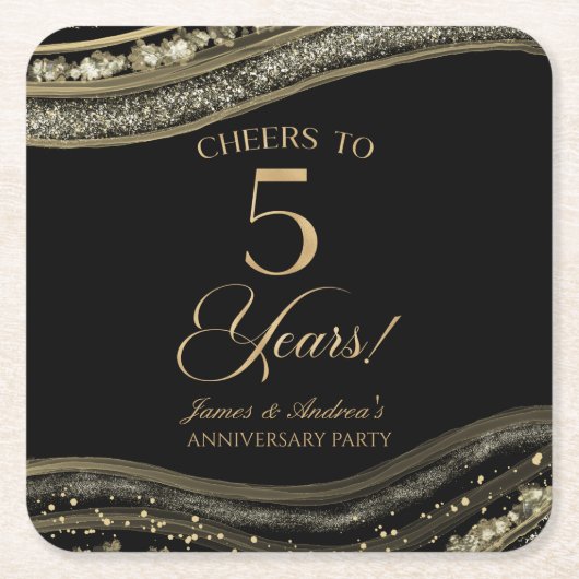 Elegant Black Gold Agate 5th Anniversary Party スクエアペーパーコースター (正面)