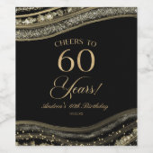 Elegant Black Gold Agate 60th Birthday Party ワインラベル (シングルラベル)