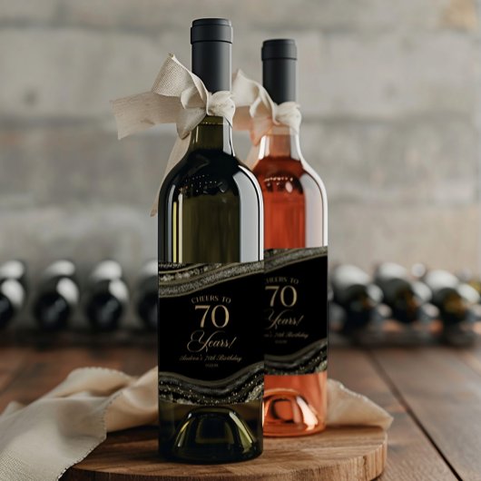 Elegant Black Gold Agate 70th Birthday Party ワインラベル