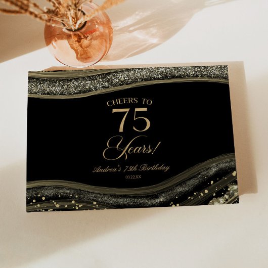 Elegant Black Gold Agate 75th Birthday Party ゲストブック