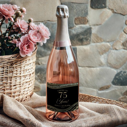 Elegant Black Gold Agate 75th Birthday Party スパークリングワインラベル