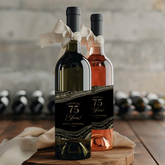 Elegant Black Gold Agate 75th Birthday Party ワインラベル