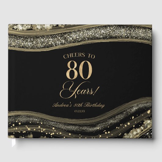 Elegant Black Gold Agate 80th Birthday Party ゲストブック (正面)