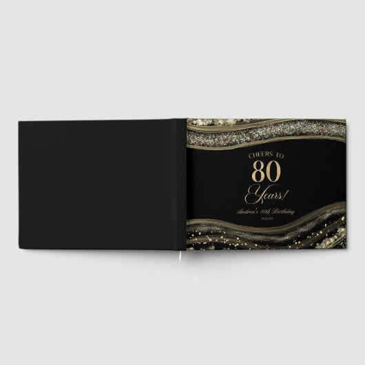 Elegant Black Gold Agate 80th Birthday Party ゲストブック (全面)