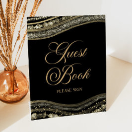 Elegant Black Gold Agate Guest Book Sign 台座サイン