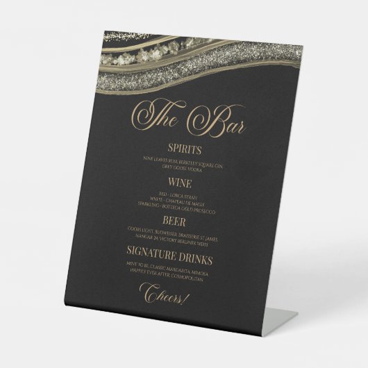 Elegant Black Gold Agate Party Bar Menu 台座サイン (正面)