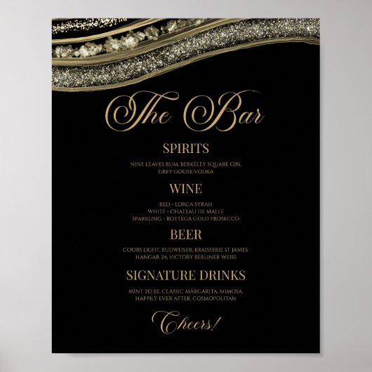 Elegant Black Gold Agate Party Bar Menu Sign ポスター (正面)