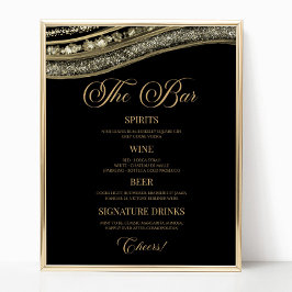 Elegant Black Gold Agate Party Bar Menu Sign ポスター