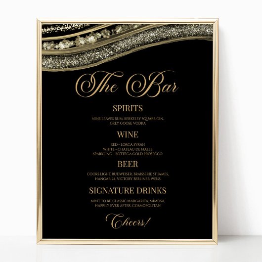 Elegant Black Gold Agate Party Bar Menu Sign ポスター