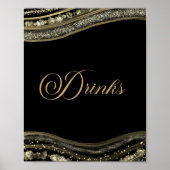 Elegant Black Gold Agate Party Drinks Sign ポスター (正面)