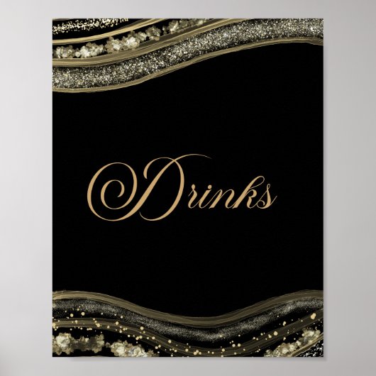 Elegant Black Gold Agate Party Drinks Sign ポスター (正面)