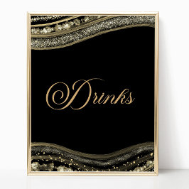 Elegant Black Gold Agate Party Drinks Sign ポスター