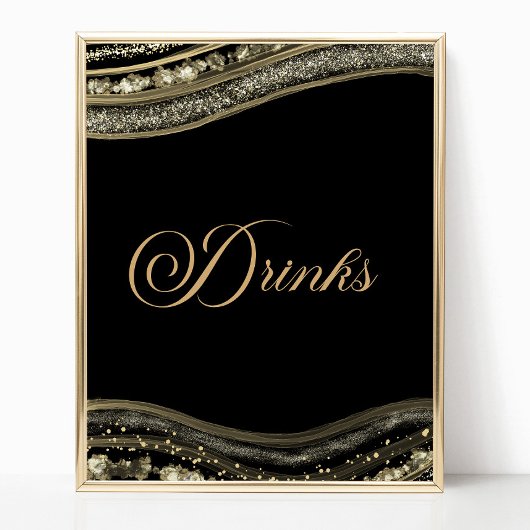 Elegant Black Gold Agate Party Drinks Sign ポスター