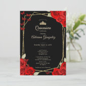 Elegant Black Gold and Red Roses Quinceanera  招待状 (スタンド正面)