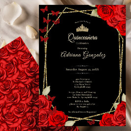 Elegant Black Gold and Red Roses Quinceanera  招待状