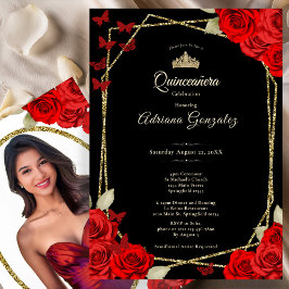 Elegant Black Gold and Red Roses Quinceanera  招待状