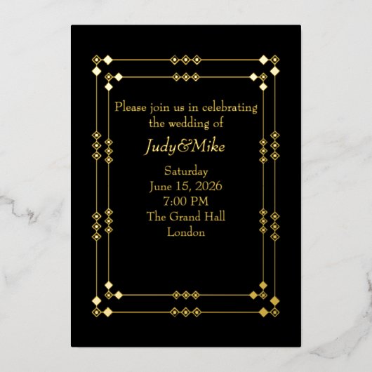Elegant Black & Gold Art Deco Foil Invitation 箔招待状 (正面)
