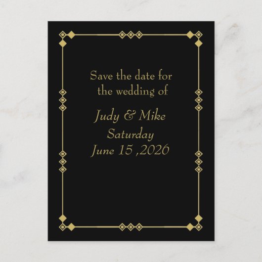 Elegant Black & Gold Art Deco Save the date card 案内ポストカード (正面)