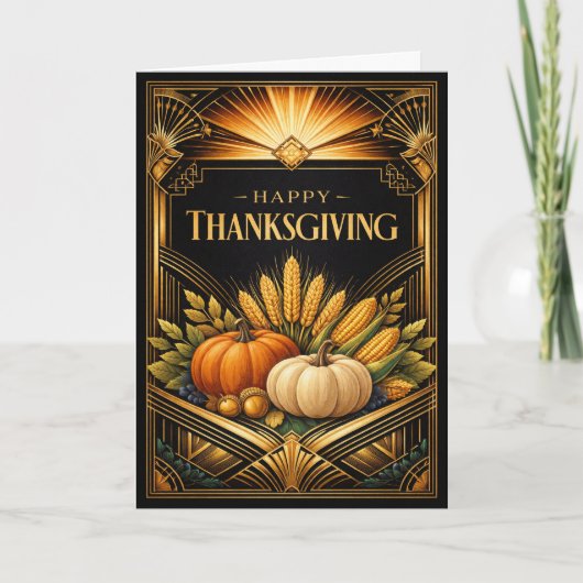 Elegant Black Gold Art Deco Thanksgiving Harvest カード (正面)