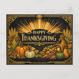 Elegant Black Gold Art Deco Thanksgiving Harvest シーズンポストカード