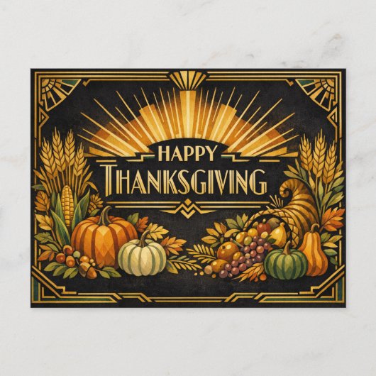 Elegant Black Gold Art Deco Thanksgiving Harvest シーズンポストカード (正面)