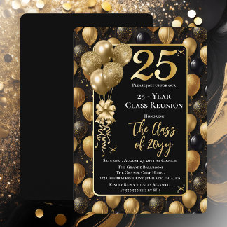 Elegant Black Gold Balloons 25 Year Class Reunion 招待状