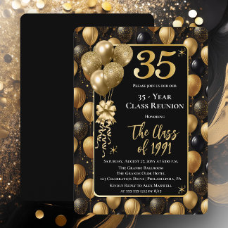 Elegant Black Gold Balloons 35 Year Class Reunion 招待状