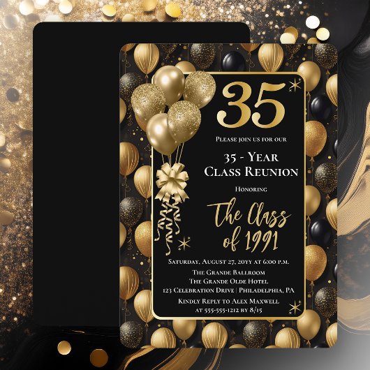Elegant Black Gold Balloons 35 Year Class Reunion 招待状