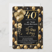 Elegant Black Gold Balloons 40 Year Class Reunion 招待状 (正面)