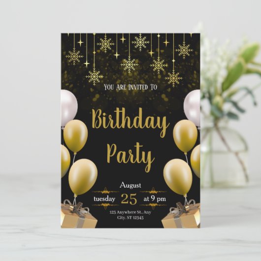 Elegant Black & Gold Birthday Party 招待状 (スタンド正面)