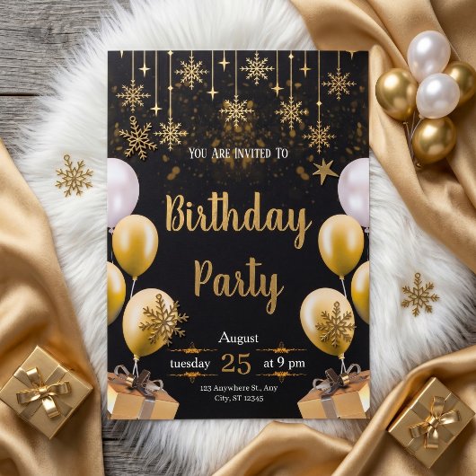Elegant Black & Gold Birthday Party 招待状
