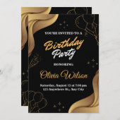 Elegant Black & Gold Birthday Party Invitation 招待状 (正面/裏面)