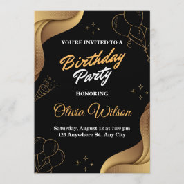 Elegant Black & Gold Birthday Party Invitation 招待状