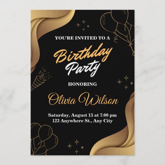 Elegant Black & Gold Birthday Party Invitation 招待状 (正面)