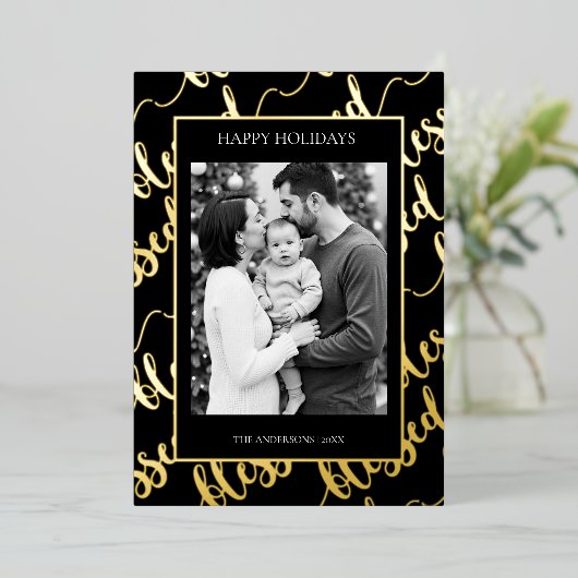 Elegant Black & Gold “Blessed” Modern Script  箔シーズンカード (立ち正面)