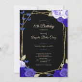 Elegant Black Gold Blue Roses 18th Birthday Debut  招待状 (正面)