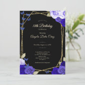 Elegant Black Gold Blue Roses 18th Birthday Debut  招待状 (スタンド正面)