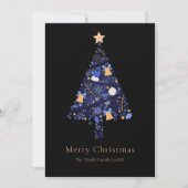 Elegant Black Gold Blue Script Christmas Tree シーズンカード (正面)