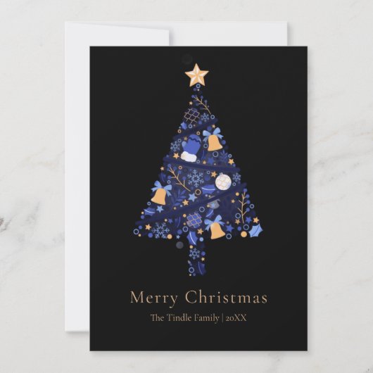 Elegant Black Gold Blue Script Christmas Tree シーズンカード (正面)