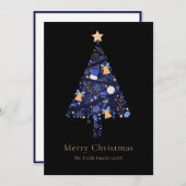 Elegant Black Gold Blue Script Christmas Tree シーズンカード (正面/裏面)