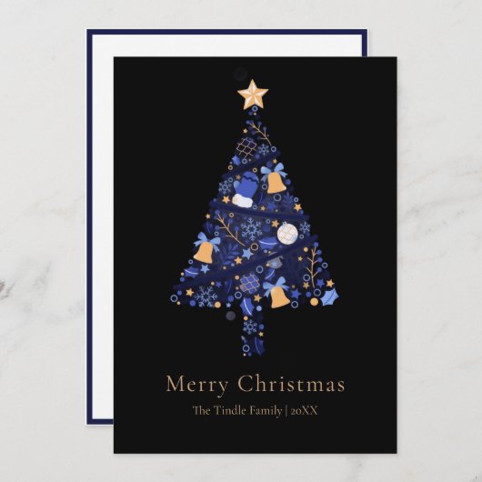 Elegant Black Gold Blue Script Christmas Tree シーズンカード (正面/裏面)