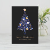 Elegant Black Gold Blue Script Christmas Tree シーズンカード (スタンド正面)