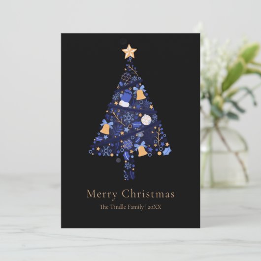 Elegant Black Gold Blue Script Christmas Tree シーズンカード (スタンド正面)