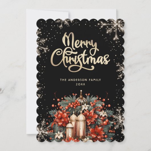 Elegant Black Gold Botanical Christmas Card シーズンカード (正面)