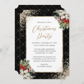Elegant Black Gold Botanical Christmas Party 招待状 (正面/裏面)