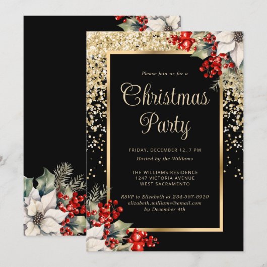 Elegant Black Gold Botanical Christmas Party 招待状 (正面/裏面)